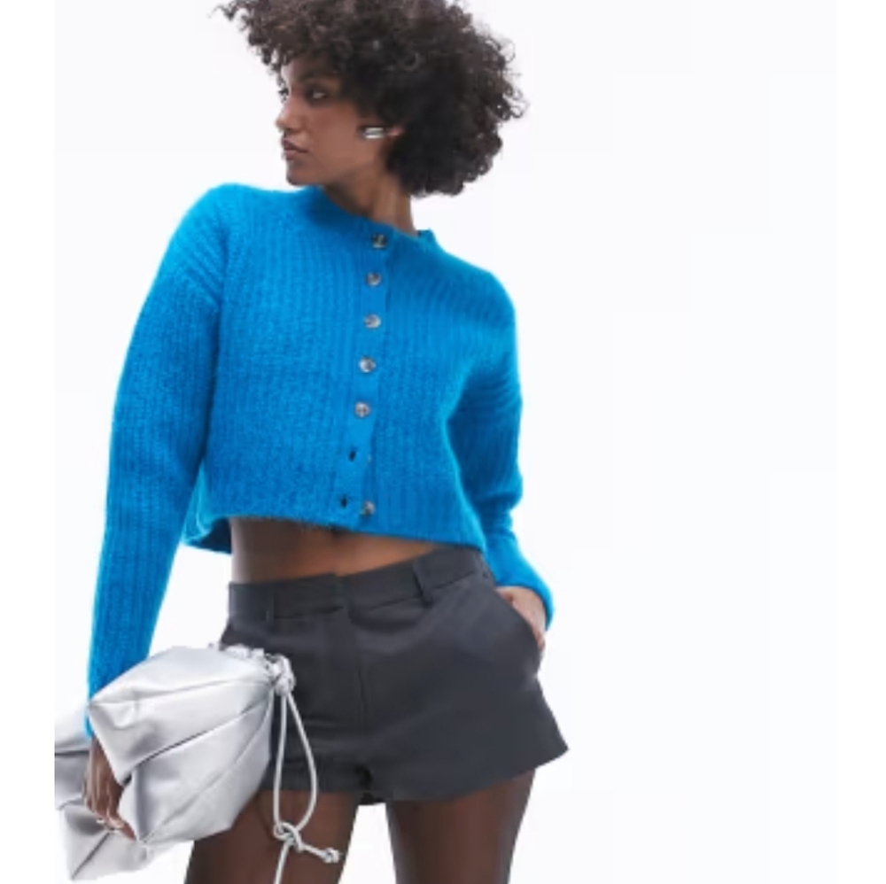 Topshop Premium Knitted Crew Fluffy Alpaca Cardigan in Blue